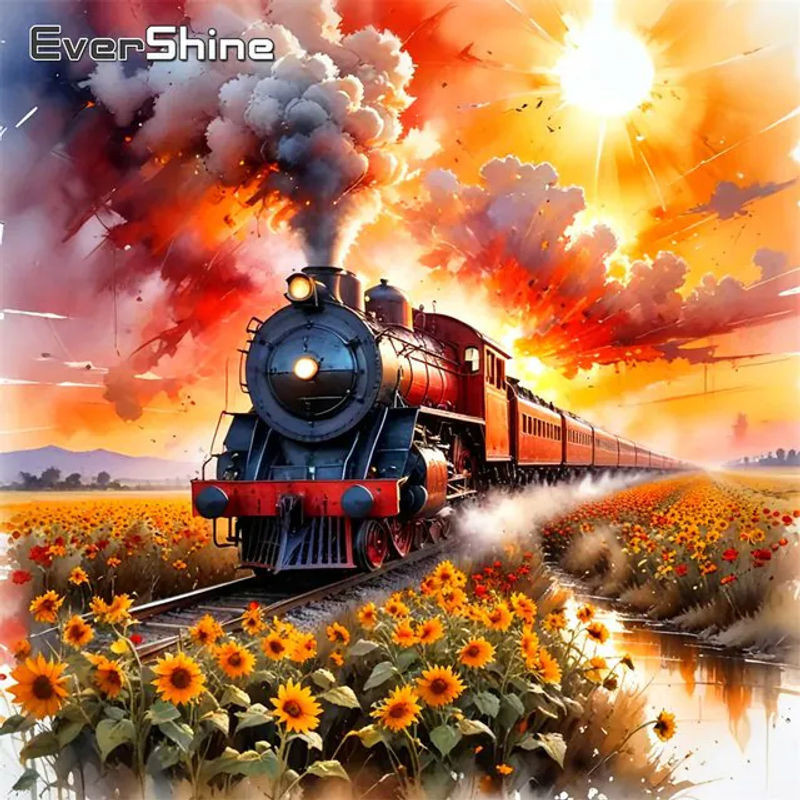 Evershine Diamant-Mosaik 5D Strass-Stickerei Quadratisches Landschaftsgemälde mit Zug und Blumen in Mehrfarbig - Bild 1