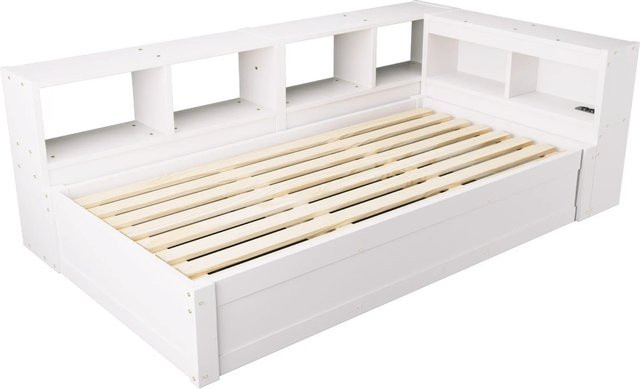 Merax Schlafsofa in Weiß mit LED-Unterbettbeleuchtung, USB-Ladeanschluss und Stauraum, B/T/H: 220 x 90 x 70 cm - Bild 1