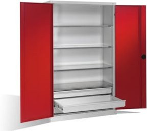 C+P Schwerlastschrank mit Drehtüren, 4 Böden und 3 Schubladen, Front Rubinrot, Korpus Lichtgrau, H x B x T: 195 x 120 x 50 cm - Bild 1