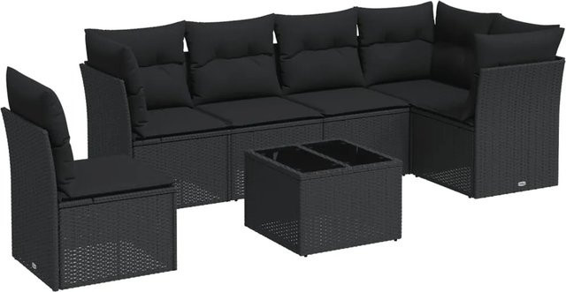 vidaXL 7-tlg Garten-Sofagarnitur aus Poly-Rattan in Schwarz mit Tisch und Kissen inklusive Stauraum - Bild 1