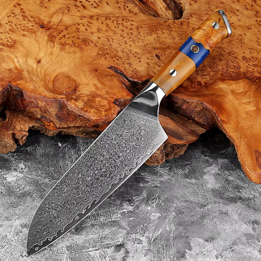 Xituo Santoku Küchenmesser aus Damaststahl mit blauem Kunstharz- und Holzgriff, 17,8 cm - Bild 3