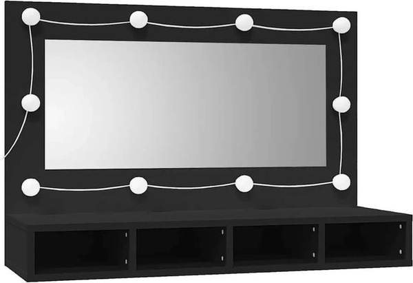 vidaXL Spiegelschrank mit LED-Beleuchtung und offenen Regalfächern, Schwarz, B/T/H: 90 x 31,5 x 62 cm