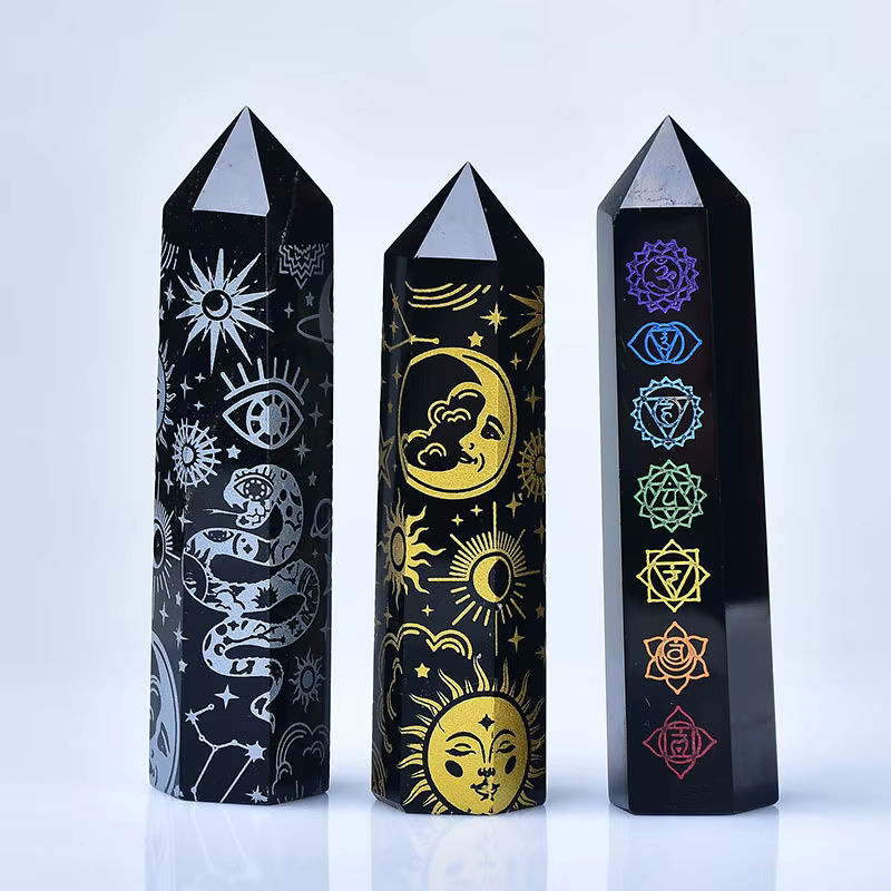 Harmonious Crystalloid Obsidian Turm mit Goldsternmondmuster in Schwarz und Grau, Höhe: 7 bis 10 cm - Bild 2