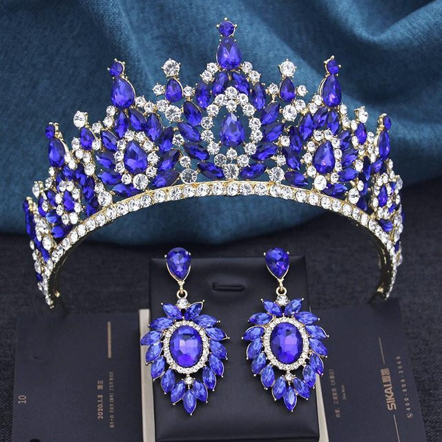 YIRAN Jewelry Schmuck-Set, Kristallkrone und Ohrringe, Blau, Damen - Bild 1