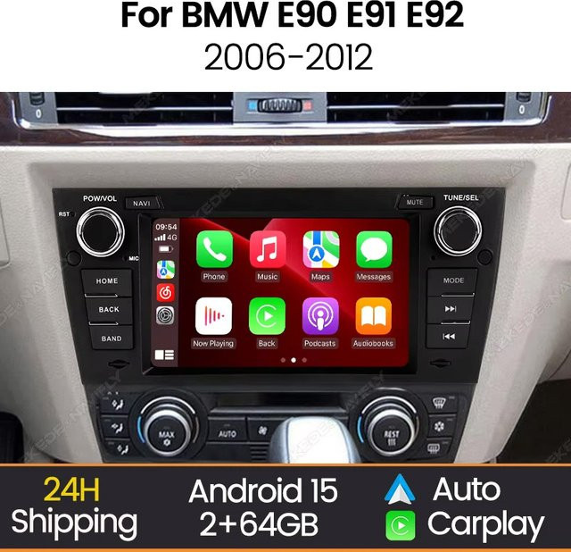 NAVIFANS Kabelloses CarPlay und Android Auto Autoradio für BMW 3er-Reihe E90 E91 E92 E93 (2005-2013) mit GPS und FM-Radio in Schwarz - Bild 1