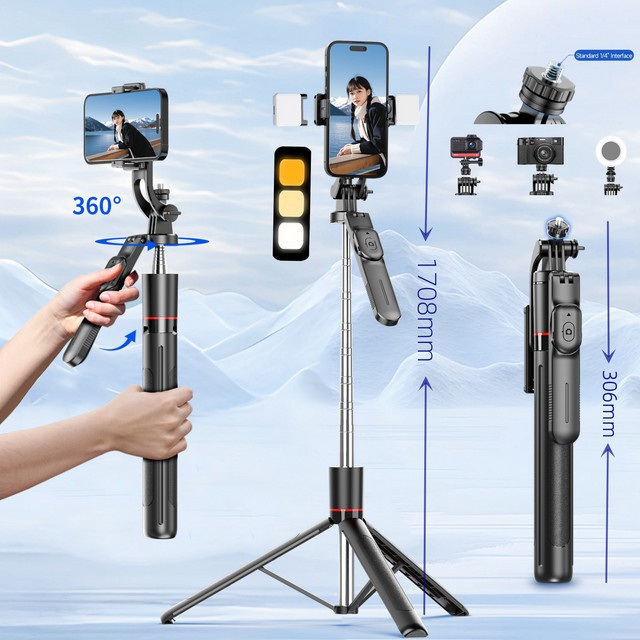 MEUYAG Selfie Stick-Stativ mit Fülllicht und Bluetooth-Fernbedienung, 360 Grad Rotation, Schwarz - Bild 1
