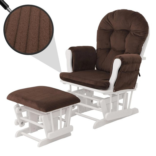 MCW Relaxsessel C76 Schaukelstuhl mit Hocker aus Cord in Braun und weißem Holzgestell - Bild 1