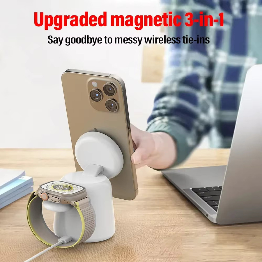 VIKEFON 3 in 1 Magnetische Kabellose Schnellladestation für MagSafe iPhone, AirPods und Apple Watch in Schwarz oder Weiß - Bild 2