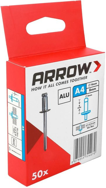Arrow Blindniete aus Aluminium in Silber, Durchmesser: 4 mm, Länge: 8 mm, 50 Stück - Bild 1