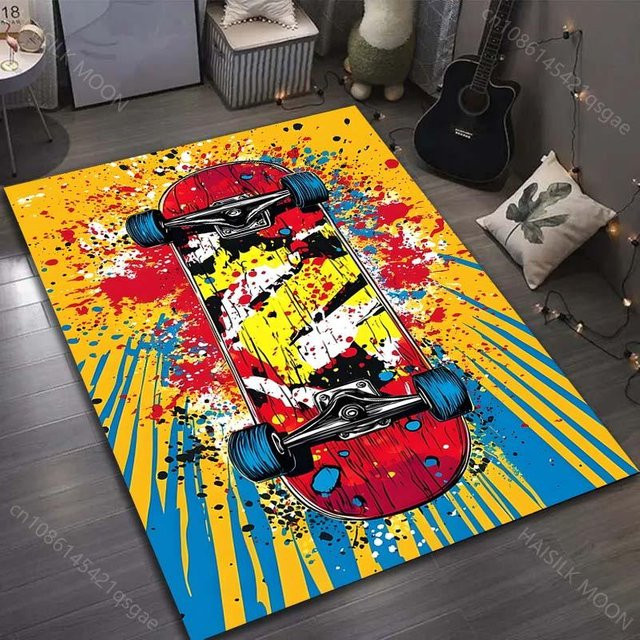 UQIDEHOME Skateboard-Druck Teppich, rutschfeste und waschbare Bodenmatte für Wohnzimmer und Schlafzimmer, B/B: 40 x 60 cm, Mehrfarbig - Bild 1