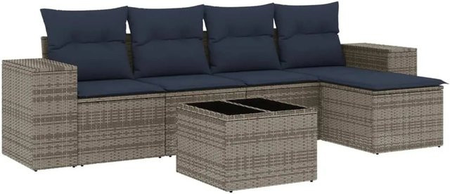 vidaXL 6-teiliges Gartensofa-Set aus Polyrattan mit Kissen in Grau und Blau - Bild 1