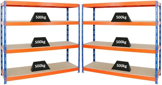 PROREGAL Rhino 2er Set Profi Schwerlastregal mit 4 verstellbaren Spanplatten-Ebenen, Blau-Orange, B/H/T: 200 x 180 x 60 cm - Bild 1