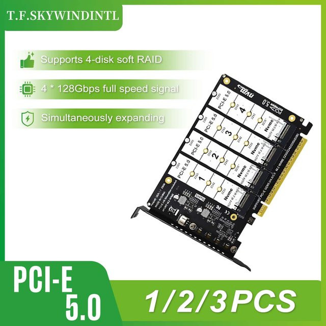 T.F.SKYWINDINTL PCIe 5.0 4-Port NVMe Erweiterungskarte, M.2 M-Key SSD Adapterkarte in Schwarz, unterstützt PCIe 3.0/4.0/5.0 Bifurkation - Bild 1