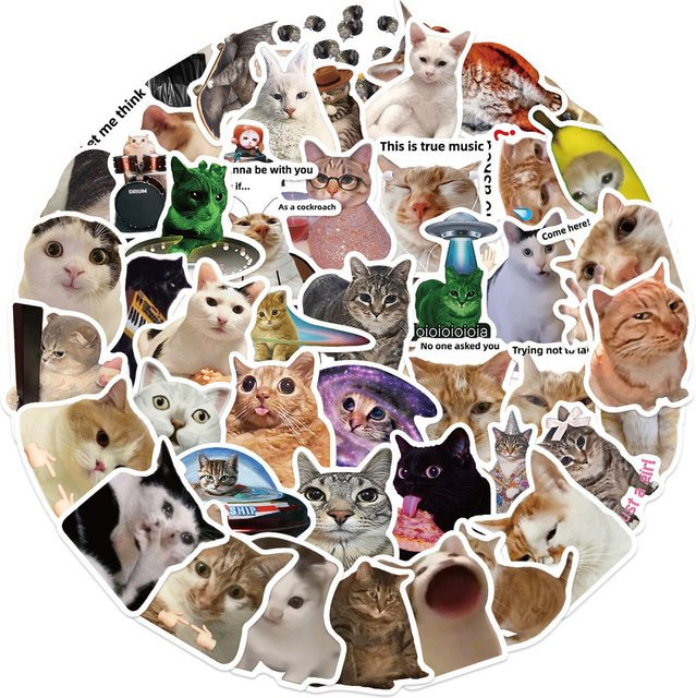 50 Stück Virale Katzen-Meme-Aufkleber in Gold und Multicolour für Laptops, Wasserflaschen und Technik-Geräte von Goldene Erinnerungsaufkleber-Shop - Bild 1