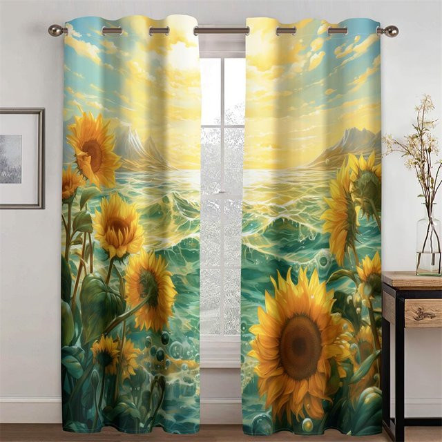 Dekorative 3D Ölgemälde Vorhänge mit Sonnenblumen und Ozean Motiv, 2er Set, Blau/Mehrfarbig, Material: Polyester, Breite: 50 cm, Höhe: 130 cm - Bild 1