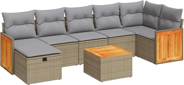 vidaXL 8-tlg. Garten-Sofagarnitur in L-Form mit Kissen und Couchtisch, Beige, Poly-Rattan und Akazienholz - Bild 1