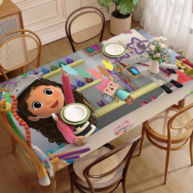 JINGYUE Pet Tischdecke mit Zeichentrickpuppenhaus-Motiv aus Polyester, fleckenabweisend und waschbar, B/B: 90 x 140 cm, Mehrfarbig - Bild 1