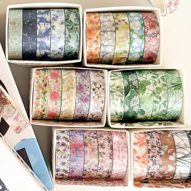 5 Rollen Washi-Tape mit Blumen-Motiv in einer Box, buntes dekoratives Klebeband für DIY-Projekte und Schule - Bild 1