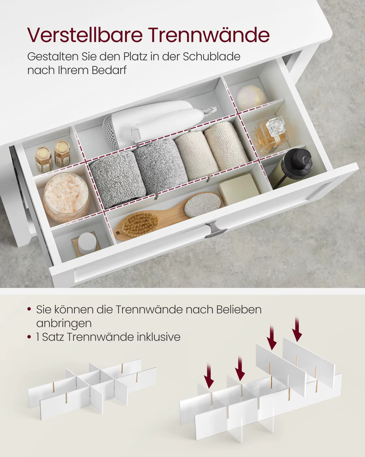 VASAGLE Badkommode Badezimmerschrank in Weiß mit 2 Schubladen und 2 Körben - Bild 2