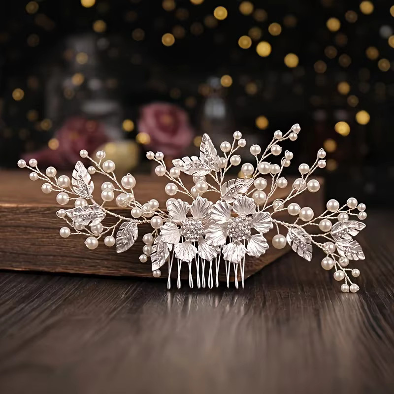 Haar Kamm Stirnband, Silber, Blume, Perle, Strass, Damen - Bild 2
