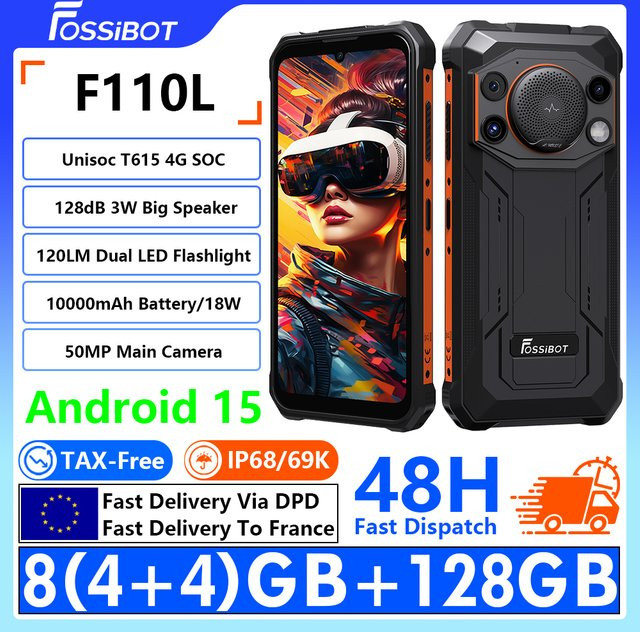 FOSSiBOT F110L 4G Outdoor-Smartphone in Schwarz mit 6,75 Zoll Display, 8(4+4)GB RAM, 128GB ROM, 10000mAh Akku, 50MP+8MP Kamera und 128dB Lautsprecher - Bild 1
