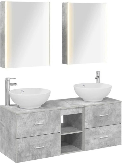 vidaXL Badezimmermöbel-Set 5-teilig in Betongrau aus Holz und Glas mit LED-Beleuchtung und Spiegelschrank - Bild 1