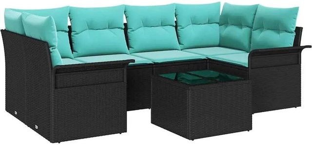 vidaXL Gartensofa-Set aus Poly-Rattan mit 7 Kissen in Schwarz und Türkis - Bild 1