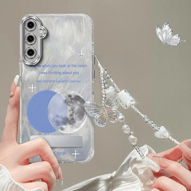 Samsung Handyhülle mit hellem Mond-Design und Lanyard für S25, S24, S23 FE und weitere Modelle, Farbe: Silber/Transparent - Bild 1