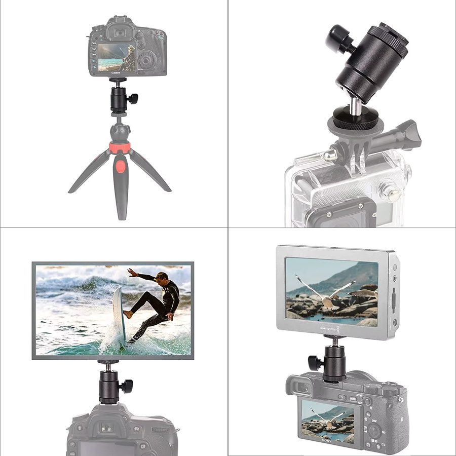 Lousxy Mini-Kugelkopf-Blitzschuh-Halterung mit 1/4 Zoll Adapter für Canon Nikon DSLR und Video-Kameras in Schwarz - Bild 5