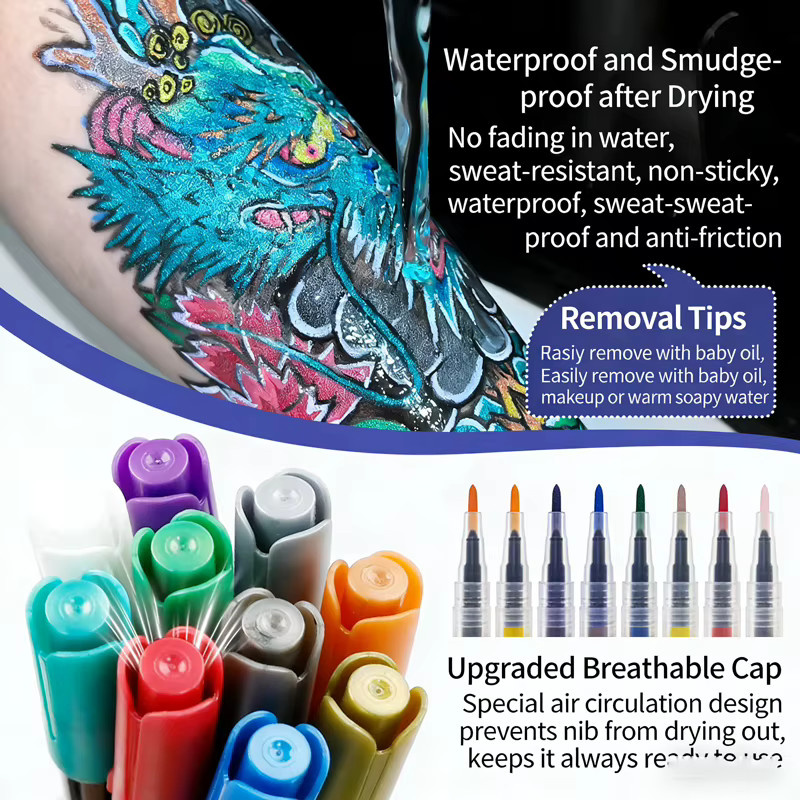 Kissbuty Temporäre Tattoo-Marker in 10 Farben, abwaschbare Brush-Stifte für kreative Kunst und Themenpartys, Multicolour - Bild 5