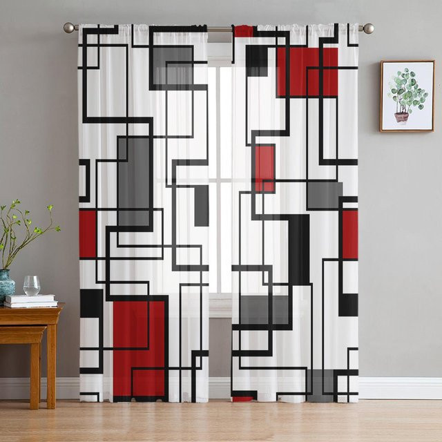 Moderne Tüll-Voile-Vorhänge mit abstraktem geometrischem Quadrat-Design in Schwarz, Rot und Weiß, Breite: 135 cm, Höhe: 115 cm - Bild 1