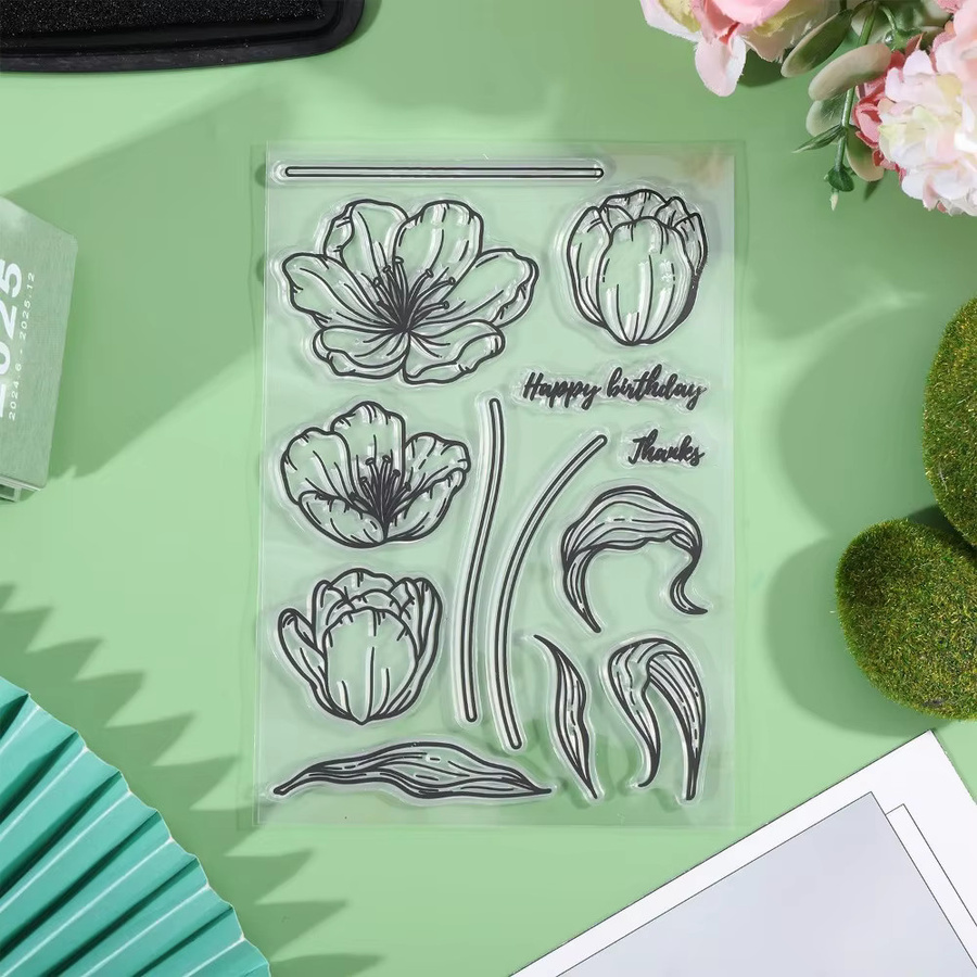 Transparente Tulpen Stempel für DIY Scrapbooking mit Blumen und Blättern - Bild 2