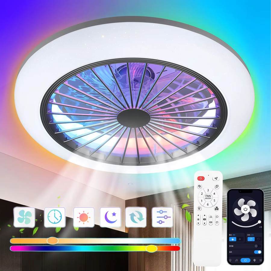 Oyajia Deckenventilator mit LED-Licht und RGB-Farbwechsel, 50W, dimmbar, 6 Geschwindigkeitsstufen und Timer für Wohnzimmer und Schlafzimmer - Bild 2