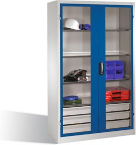 C+P Werkzeugschrank mit Sichtfenster-Drehtüren, 3 Böden, 3 Schubladen und Schloss, Front Enzianblau, Korpus Lichtgrau, H: 195,0 cm, B: 120,0 cm, T: 50,0 cm - Bild 1