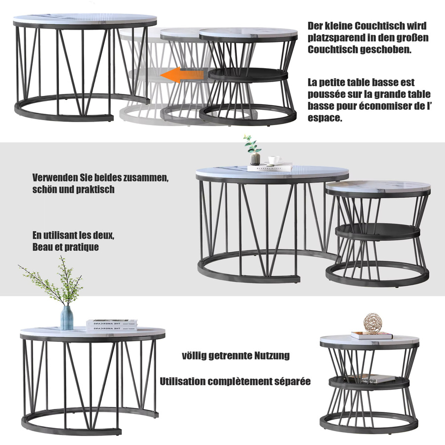 Comanlai 2er-Set moderne runde Couchtische in Weiß mit Marmor-Optik und Metallrahmen - Bild 2