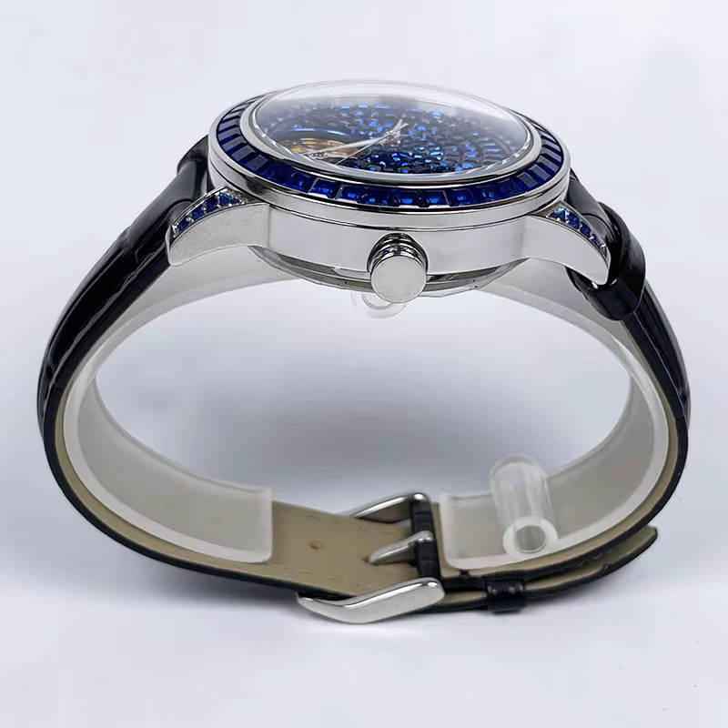 PINDU Armbanduhr, mechanisch, Edelstahl, Leder, Diamant, Herren, Schwarz - Bild 3