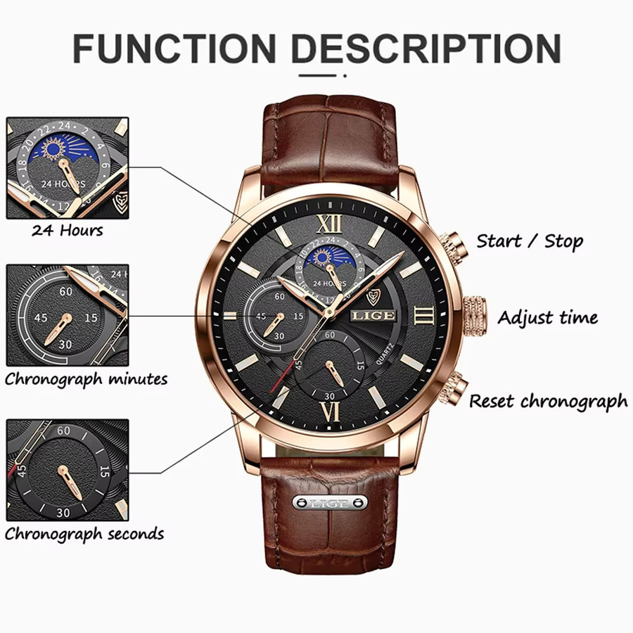 LIGE Chronograph Armbanduhr, Leder, Quarz, Roségold, Herren - Bild 6