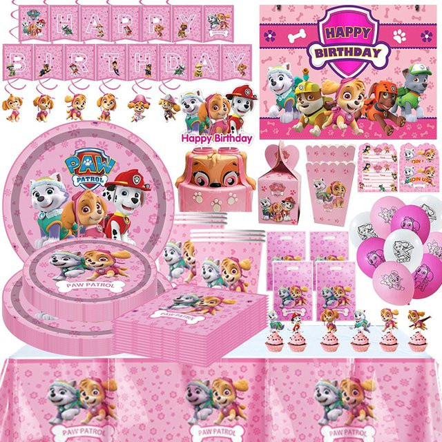TAKARA TOMY Paw Patrol Partyzubehör-Set, Rosa, Tischgeschirr-Set, Hintergrundbanner, Geschenktüten, Hängedekorationen, Maske, Ballons - Bild 1
