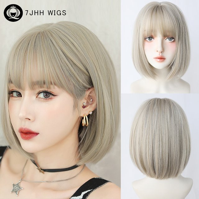 7JHH WIGS Bob-Perücke, synthetisch, kurz, gerade, beige, Damen - Bild 1
