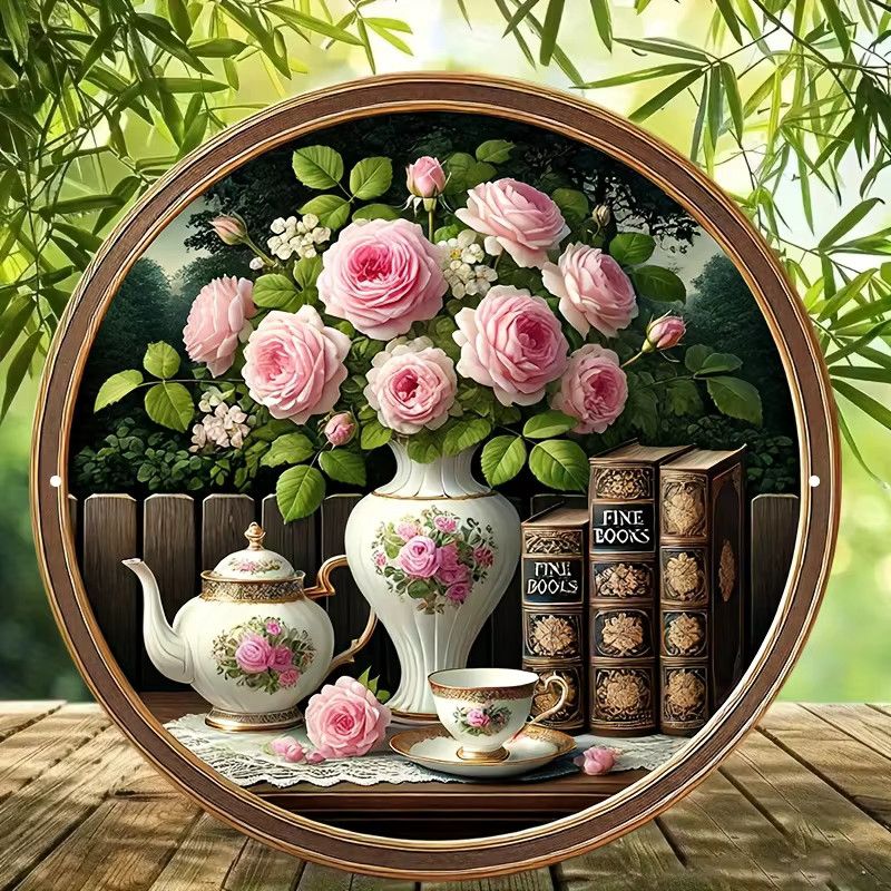 Rundes Aluminiumschild Potdemiel Vintage Rosenblüten Teeset und Bücher Dekorationsplakette Durchmesser: 20,32 cm - Bild 3