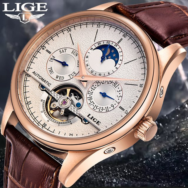 LIGE Armbanduhr Tourbillon, Automatik, Leder, Herren - Bild 1