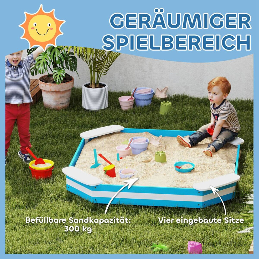 AIYAPLAY Sandkasten in Blau und Weiß aus Holz mit Polyesterabdeckung B/H/L: 133 x 16 x 133 cm - Bild 2