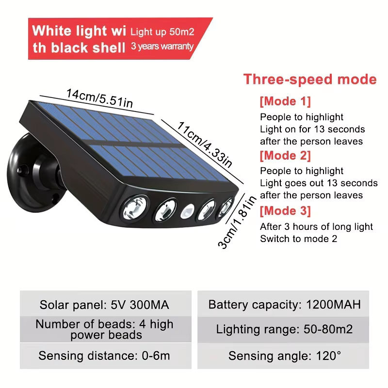 Wasserdichte Solar LED Sicherheitsleuchte mit Bewegungssensor und 3 Modi für Garten und Außenbereich, Farbe: Schwarz, Lichtfarbe: Warmweiß - Bild 5