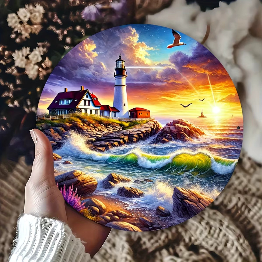 Potdemiel Rundes Metall-Wandbild mit Leuchtturm und Meer bei Sonnenuntergang, Mehrfarbig, Durchmesser: 20 cm - Bild 4
