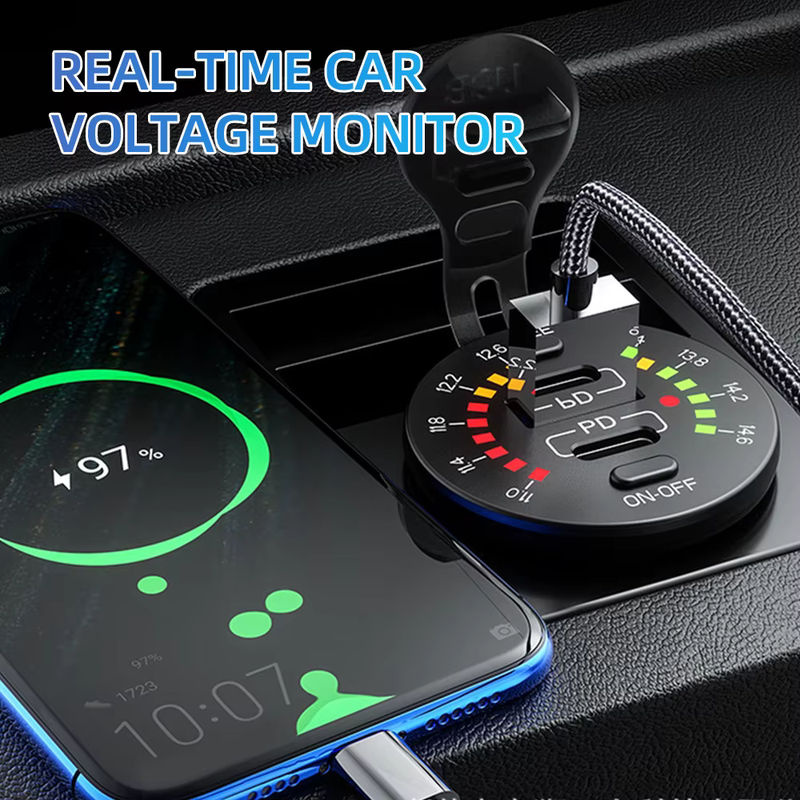 Velev 45W Schnellladegerät mit QC 3.0 und USB-C PD-Anschluss, 12V/24V Auto-Ladegerät mit LED-Voltmeter und EIN/AUS-Schalter, wasserdicht, Schwarz - Bild 2