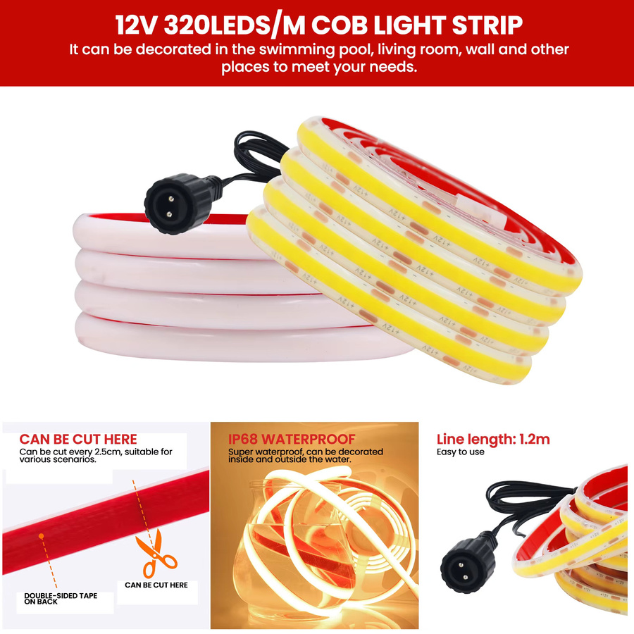 HEGEHE COB Solar LED Streifen Licht IP68 Unterwasser Flexibles Silikon Band in Weiß für Schwimmbäder mit 12V - Bild 4