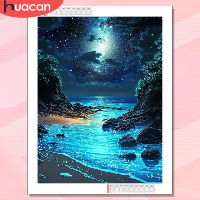 HUACAN Diamantmalerei Küstenlandschaft 5D Strand Motiv in Blau mit runden Steinen für deine Heimdekoration B/H: 20 x 30 cm - Bild 1