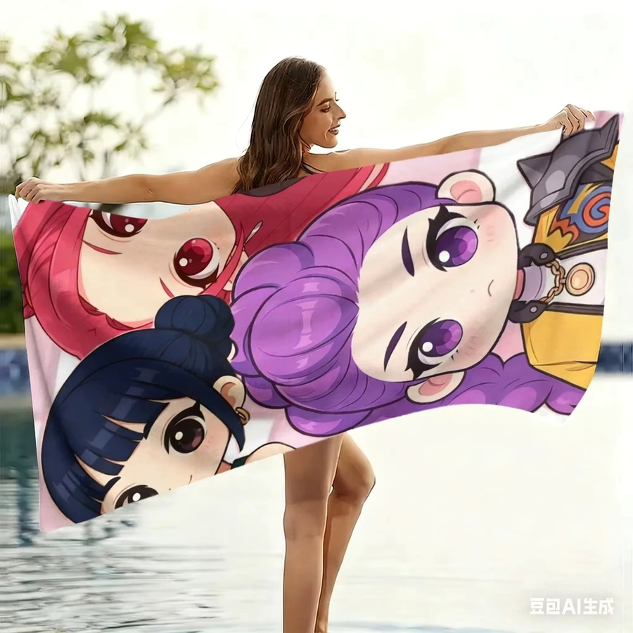 Potdemiel Strandtuch mit Chibi-Anime-Mädchen-Aufdruck aus Mikrofaser, schnell trocknend und leicht, Multicolor - Bild 4