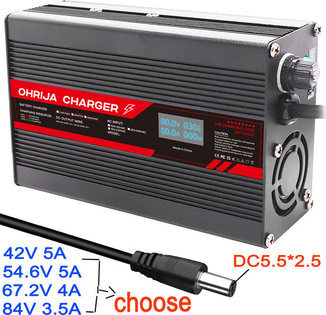 OHRIJA Lithium-Ladegerät für 13S 48V Li-Ion Batterien mit OLED-Display und DC2,5 Stecker, Schwarz - Bild 1