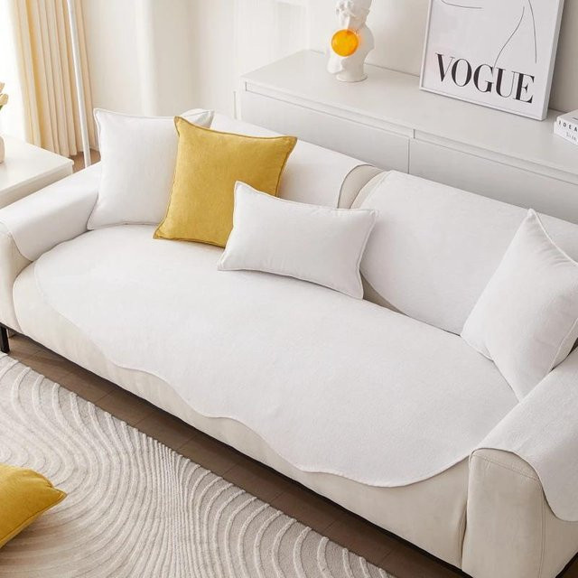 Rutschfester Universal Sofabezug aus Chenille in Weiß für Ecksofas und Wohnzimmer, 1 Kissenbezug 45 x 45 cm - Bild 1
